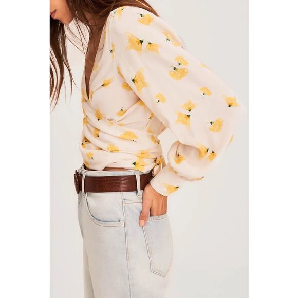 BA&SH Koxie Floral Print Crepe Wrap Top in Yellow size Small - Picture 4 of 12